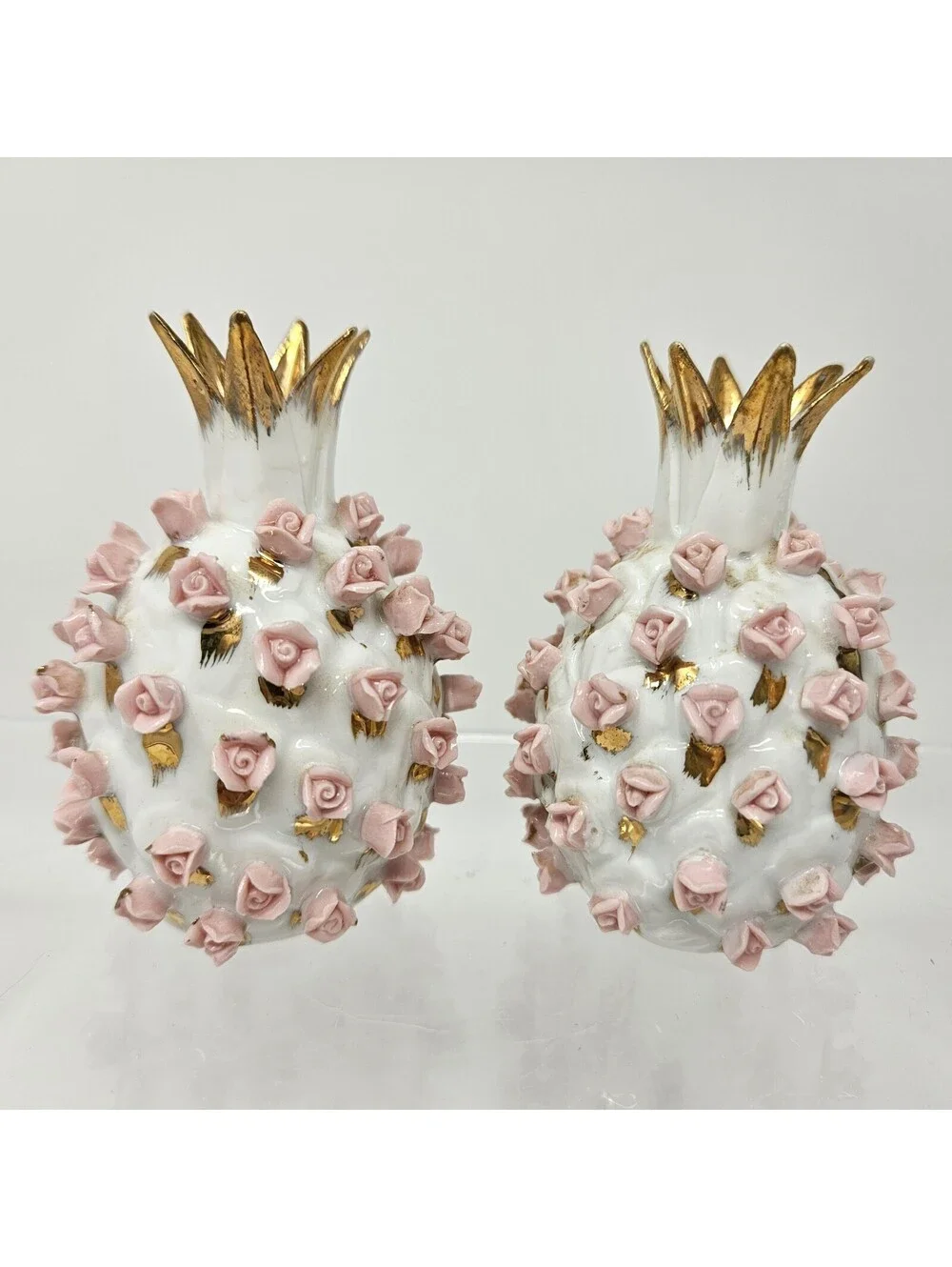 Vintage Lefton Japan Pineapple Shape Pink Rose Salt And Pepper Set Shakers